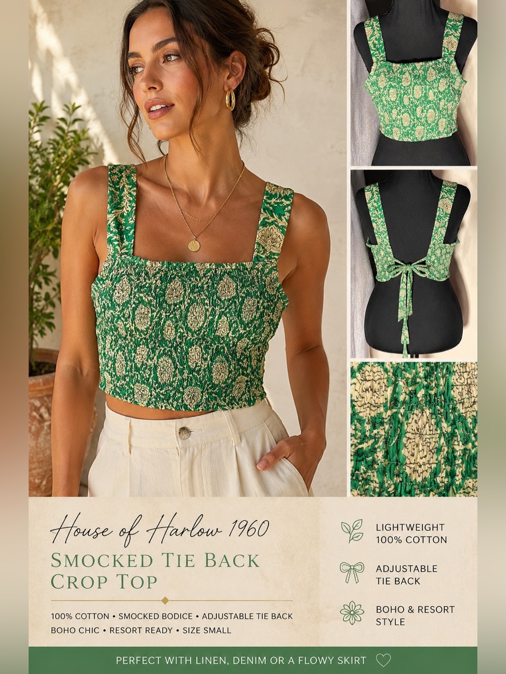 House of Harlow 1960 Green Floral Smocked Tie-Back Crop Top – Size S